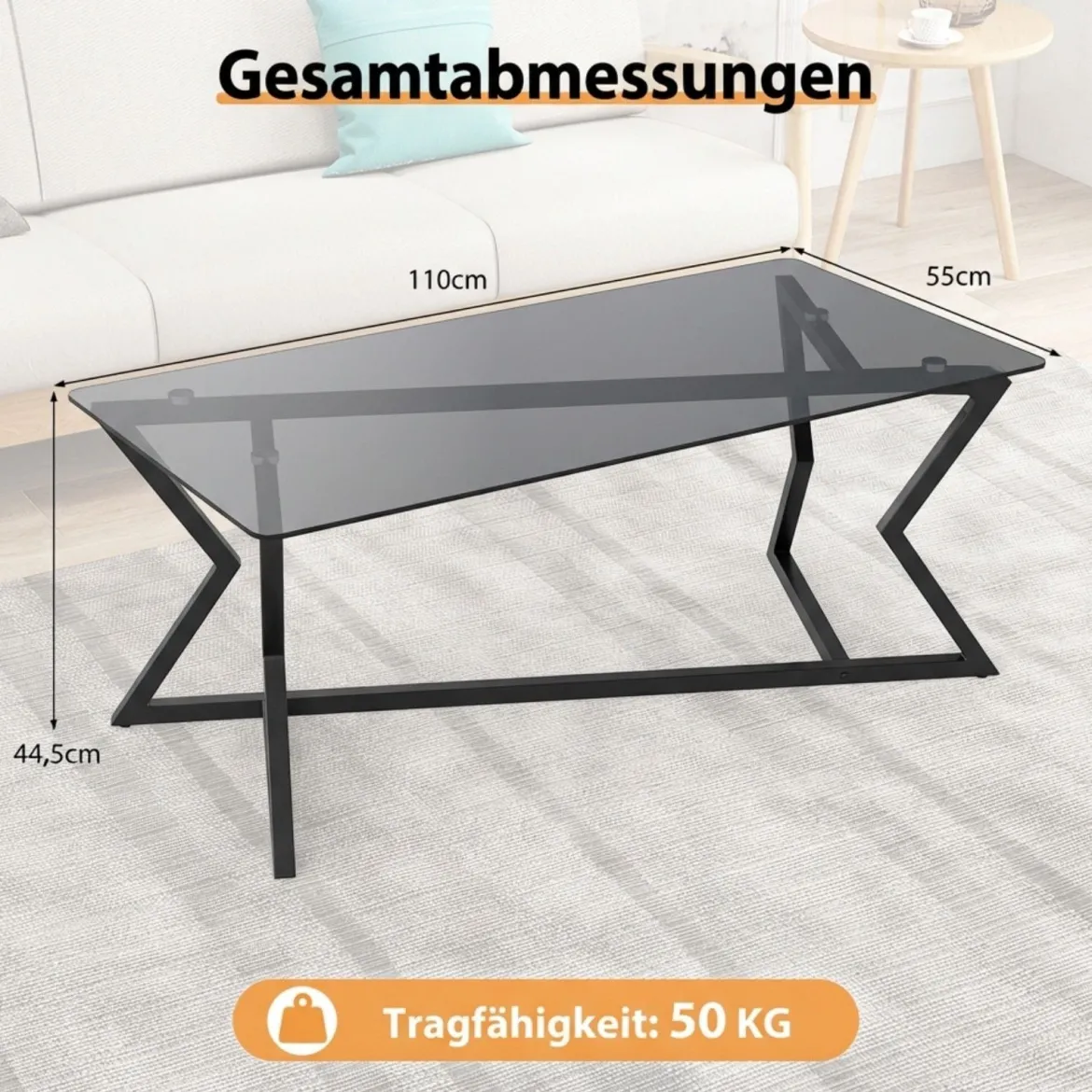 Rechteckiger Couchtisch mit Gehärteter Glasplatte & Geometrischem Metallgestell Moderner Glastisch