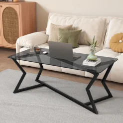 Rechteckiger Couchtisch mit Gehärteter Glasplatte & Geometrischem Metallgestell Moderner Glastisch