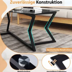 Rechteckiger Couchtisch mit Gehärteter Glasplatte & Geometrischem Metallgestell Moderner Glastisch