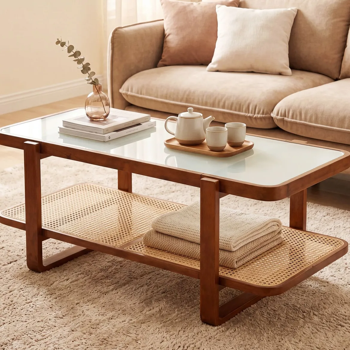 Rechteckiger Couchtisch Wohnzimmertisch mit Massivem Holzrahmen 105 x 50,5 x 45 cm Walnuss