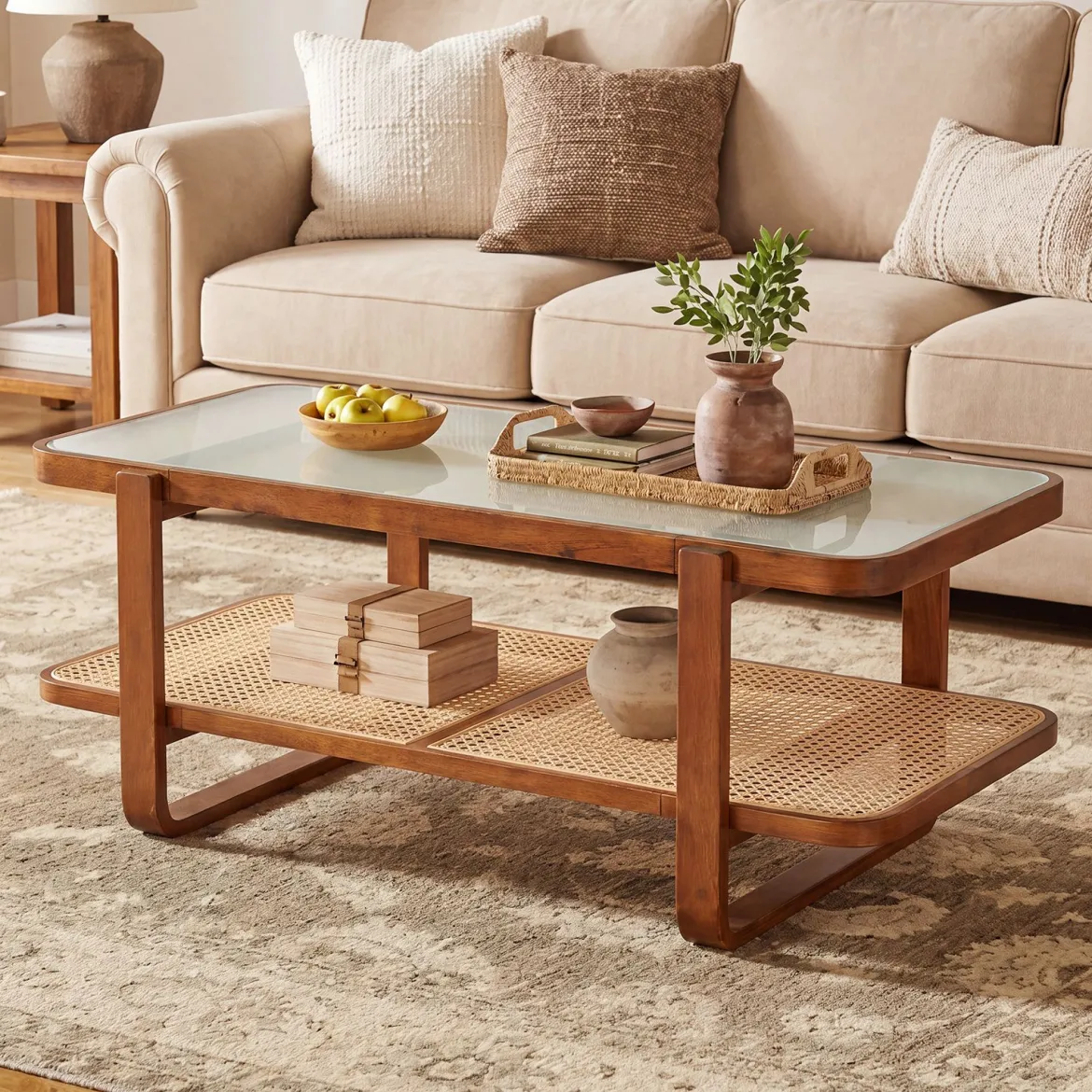 Rechteckiger Couchtisch Wohnzimmertisch mit Massivem Holzrahmen 105 x 50,5 x 45 cm Walnuss