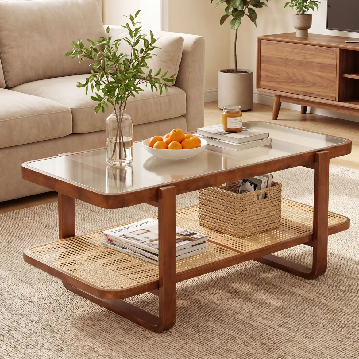 Rechteckiger Couchtisch Wohnzimmertisch mit Massivem Holzrahmen 105 x 50,5 x 45 cm Walnuss