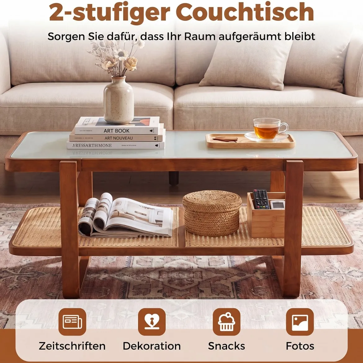 Rechteckiger Couchtisch Wohnzimmertisch mit Massivem Holzrahmen 105 x 50,5 x 45 cm Walnuss
