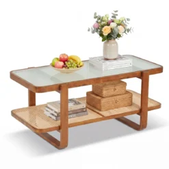 Rechteckiger Couchtisch Wohnzimmertisch mit Massivem Holzrahmen 105 x 50,5 x 45 cm Walnuss