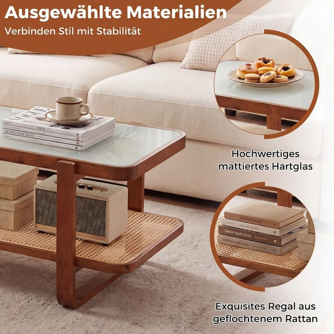 Rechteckiger Couchtisch Wohnzimmertisch mit Massivem Holzrahmen 105 x 50,5 x 45 cm Walnuss