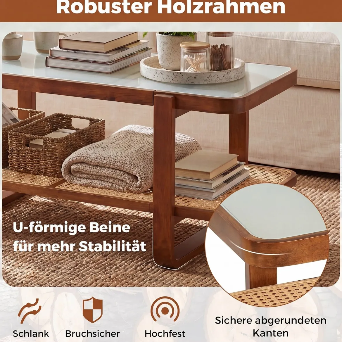 Rechteckiger Couchtisch Wohnzimmertisch mit Massivem Holzrahmen 105 x 50,5 x 45 cm Walnuss