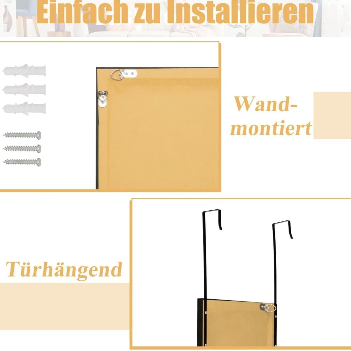 Rechteckiger Ganzkörperspiegel mit Hängehaken für Tür 33x119cm Schwarz