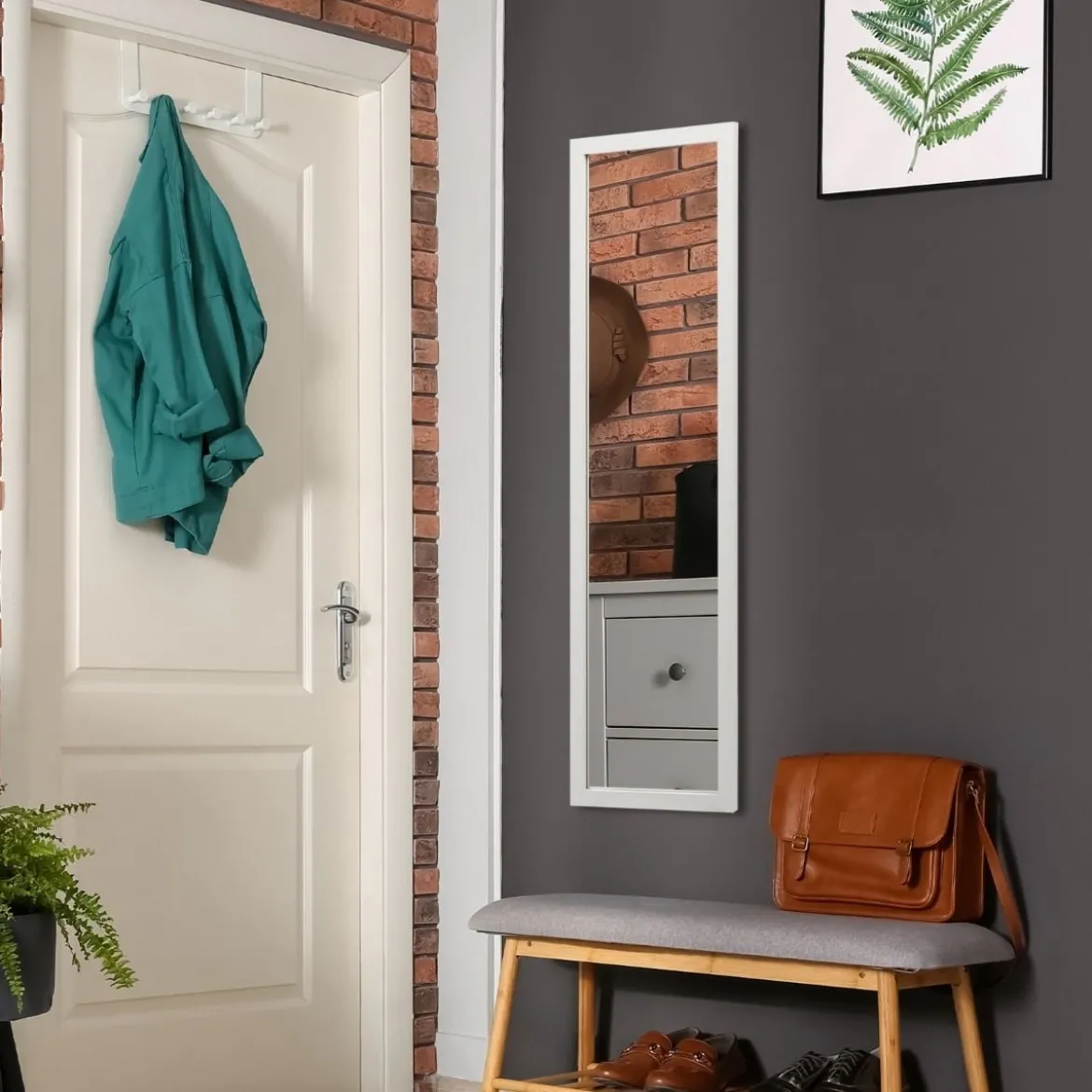 Rechteckiger Ganzkörperspiegel mit Hängehaken für Tür 33x119cm Weiß
