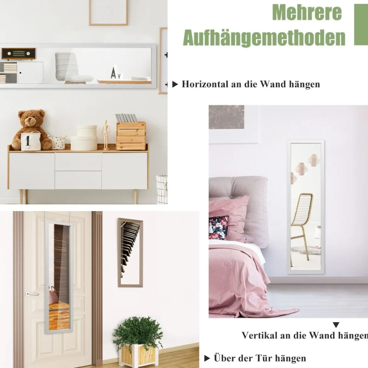Rechteckiger Ganzkörperspiegel mit Hängehaken für Tür 33x119cm Weiß