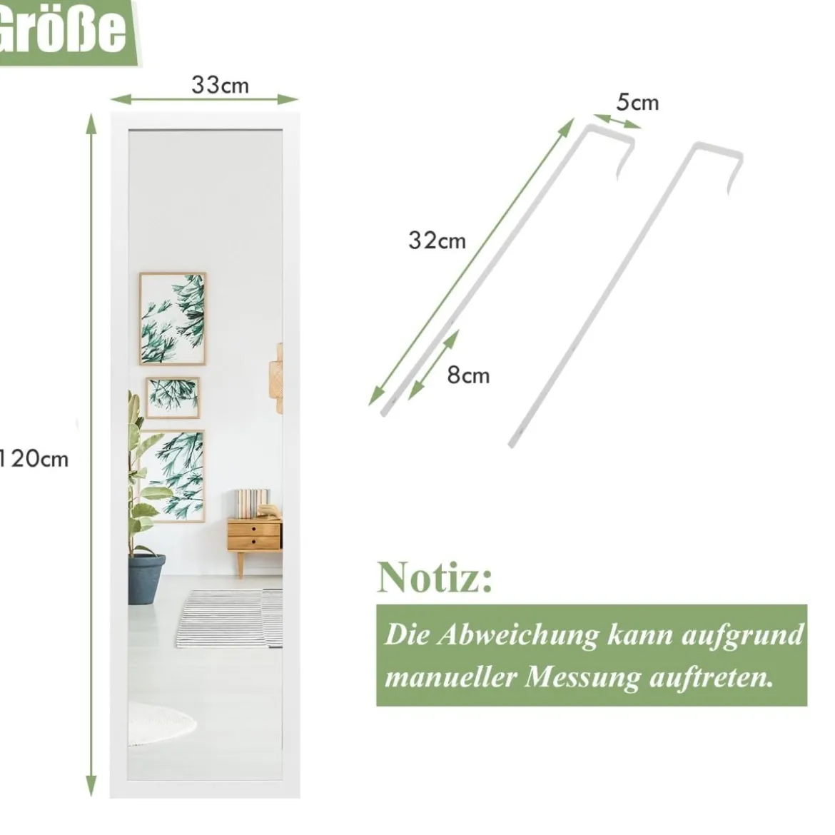Rechteckiger Ganzkörperspiegel mit Hängehaken für Tür 33x119cm Weiß