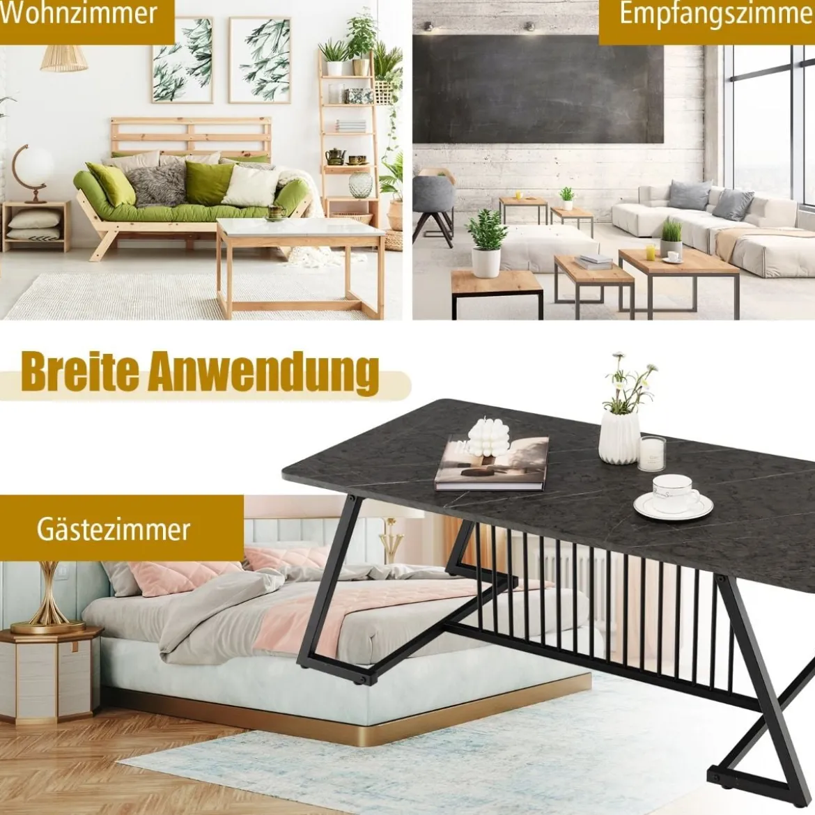 Rechteckiger Kaffeetisch Marmor Optik mit Metallrahmen 120 x 60 x 45,5 cm Schwarz