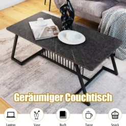 Rechteckiger Kaffeetisch Marmor Optik mit Metallrahmen 120 x 60 x 45,5 cm Schwarz