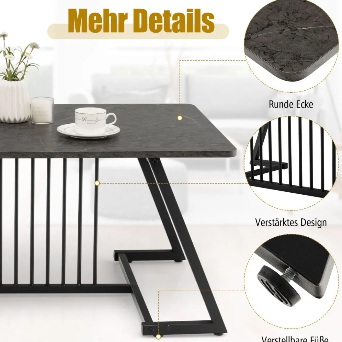 Rechteckiger Kaffeetisch Marmor Optik mit Metallrahmen 120 x 60 x 45,5 cm Schwarz