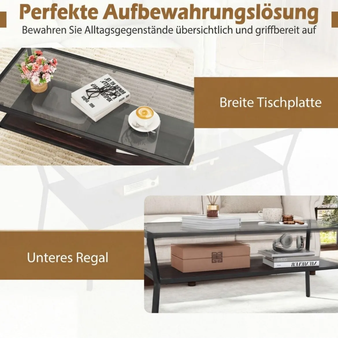Rechteckiger Sofatisch mit Gehärteter Glasplatte & Geometrischem Metallgestell Moderner Glastisch