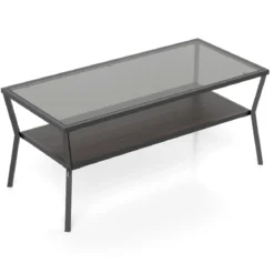 Rechteckiger Sofatisch mit Gehärteter Glasplatte & Geometrischem Metallgestell Moderner Glastisch