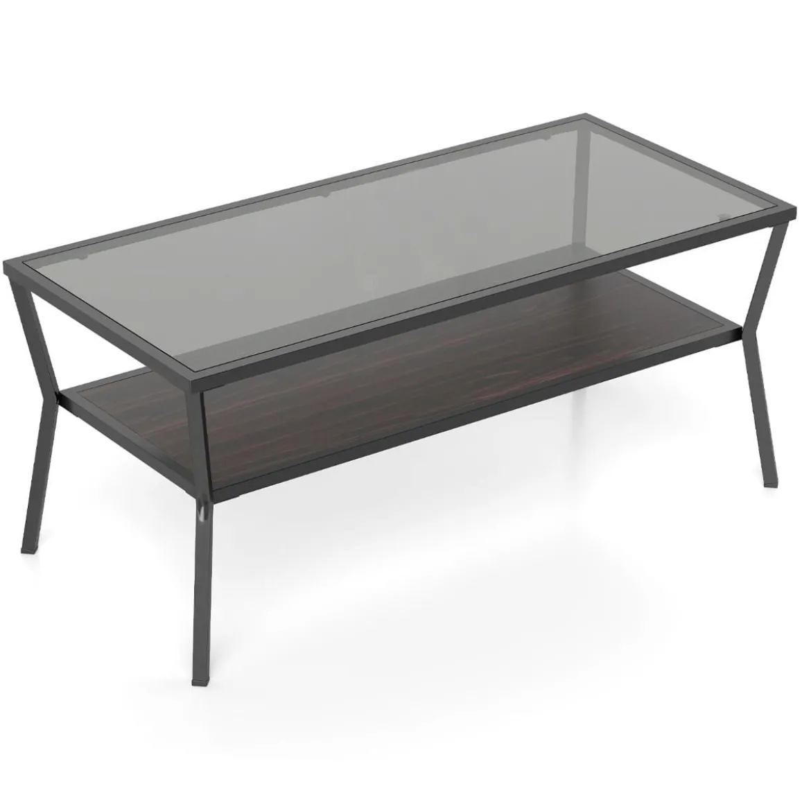 Rechteckiger Sofatisch mit Gehärteter Glasplatte & Geometrischem Metallgestell Moderner Glastisch