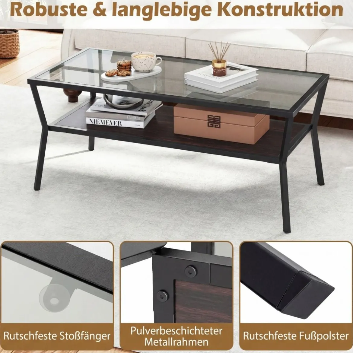 Rechteckiger Sofatisch mit Gehärteter Glasplatte & Geometrischem Metallgestell Moderner Glastisch