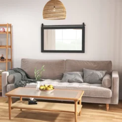 Rechteckiger Spiegel mit Holzrahmen Unbrechbarer Wandspiegel Rustikaler Hängespiegel Schwarz