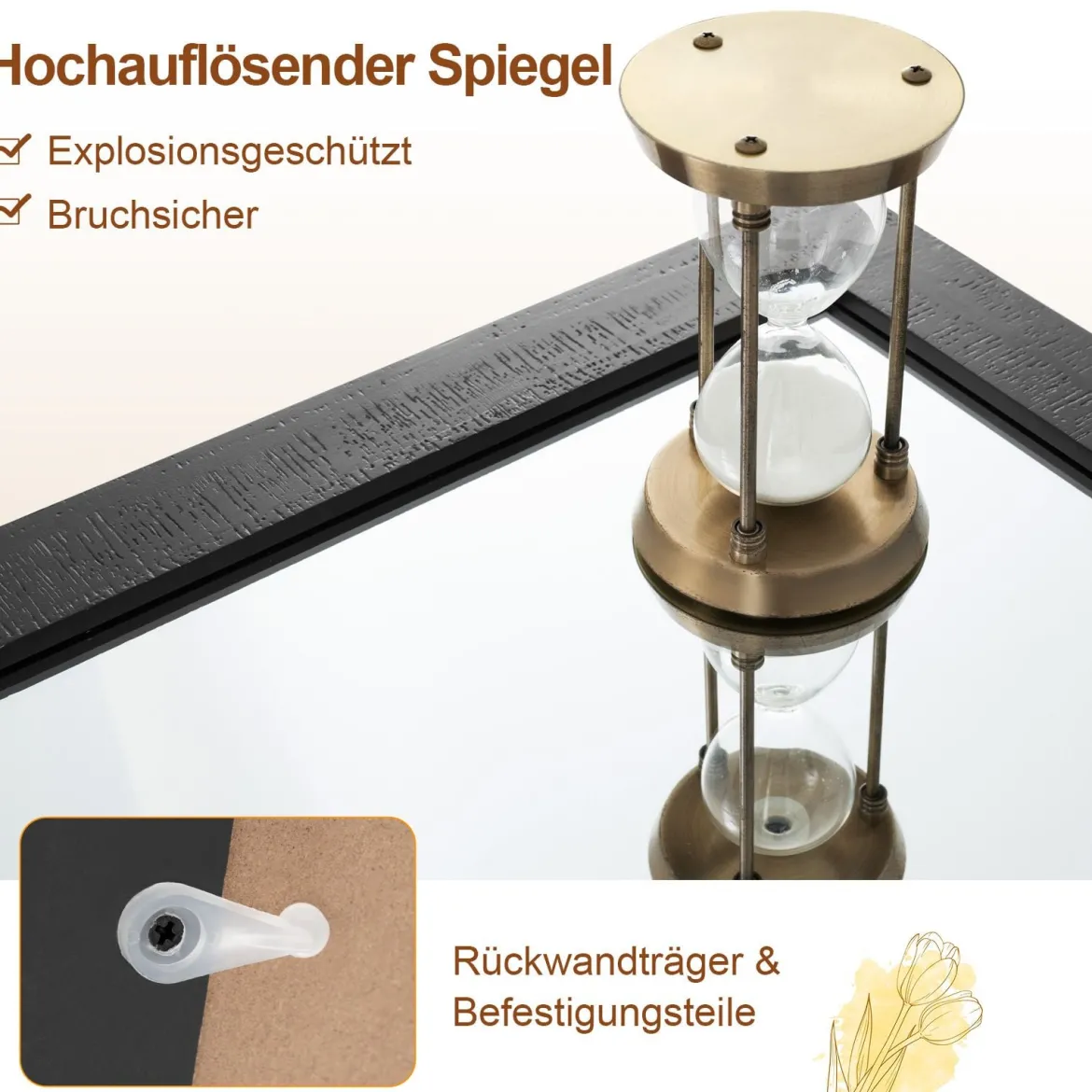 Rechteckiger Spiegel mit Holzrahmen Unbrechbarer Wandspiegel Rustikaler Hängespiegel Schwarz