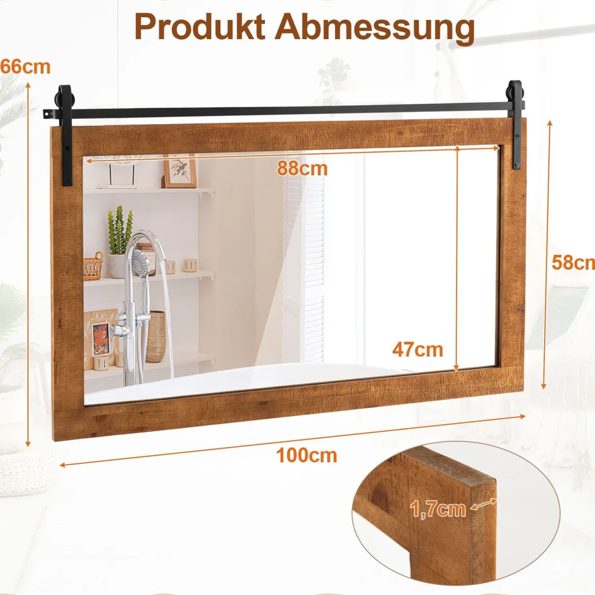 Rechteckiger Spiegel mit Holzrahmen Rustikaler Wandspiegel Unbrechbarer Hängespiegel Braun