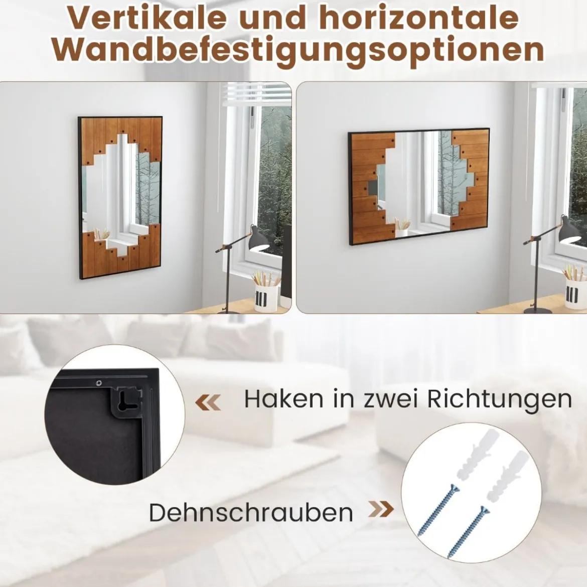 Rechteckiger Spiegel mit Holzrahmen 60 x 95 cm rustikaler Wandspiegel mit Zweirichtungshaken