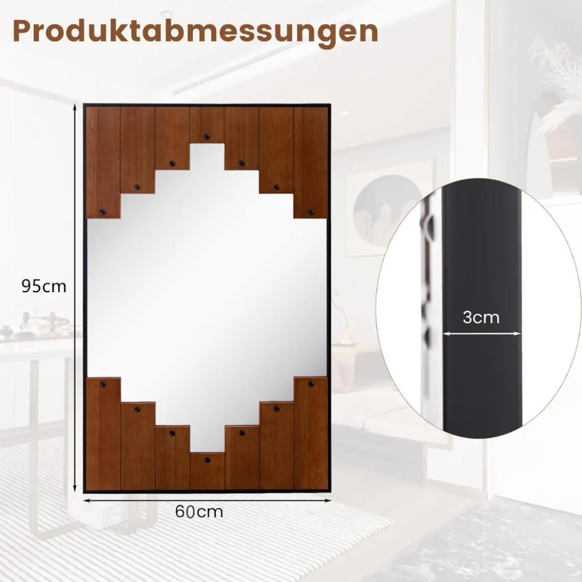 Rechteckiger Spiegel mit Holzrahmen 60 x 95 cm rustikaler Wandspiegel mit Zweirichtungshaken