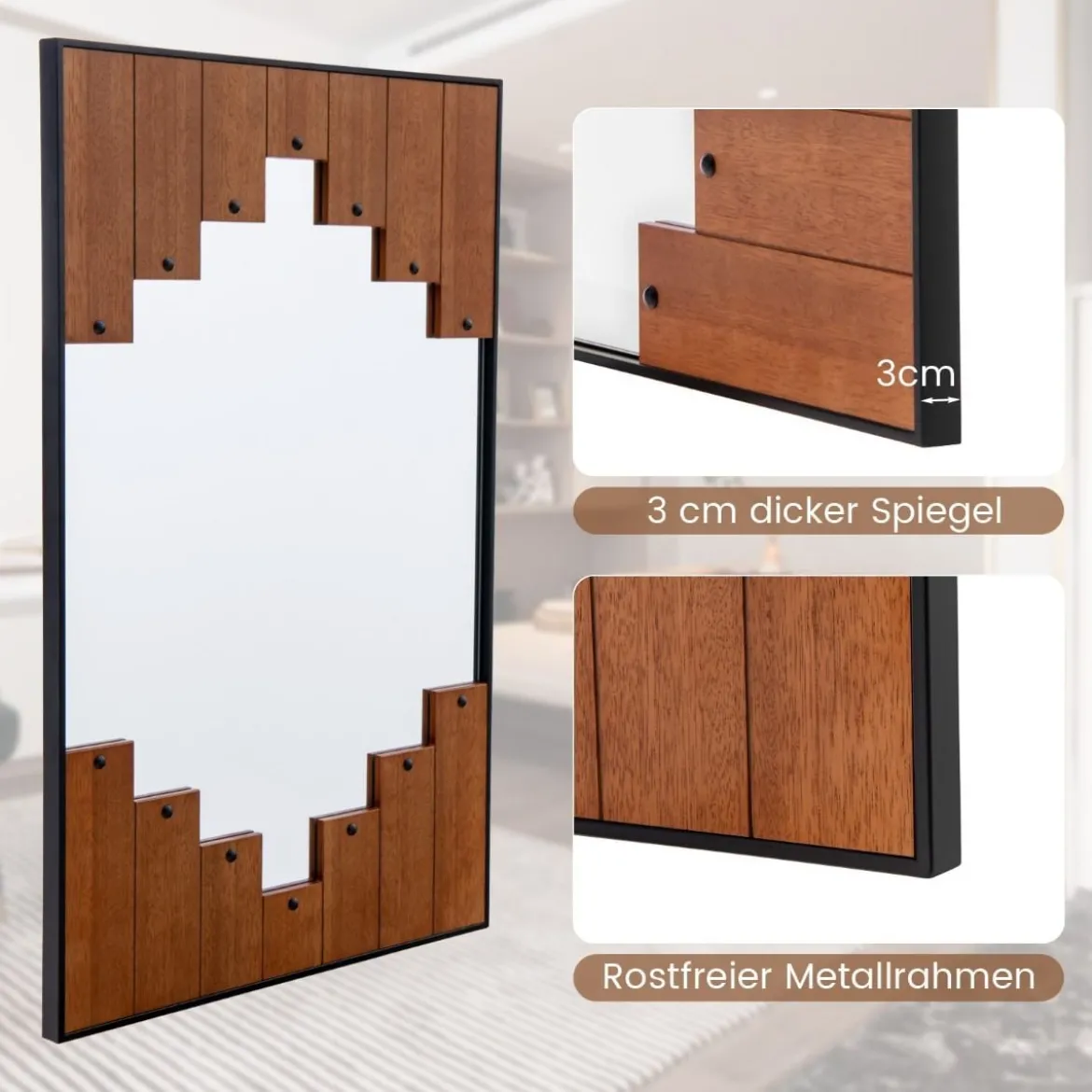 Rechteckiger Spiegel mit Holzrahmen 60 x 95 cm rustikaler Wandspiegel mit Zweirichtungshaken