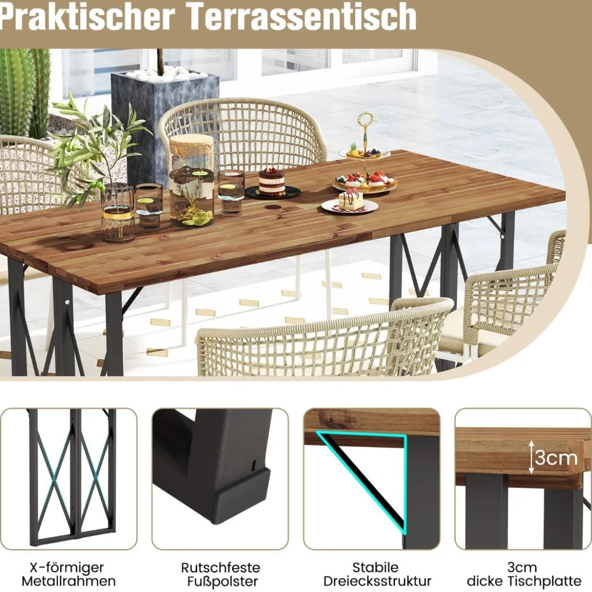 Rechteckiger Terrassentisch Robuster Esstisch aus Akazienholz 170 x 77,5 x 75 cm Braun