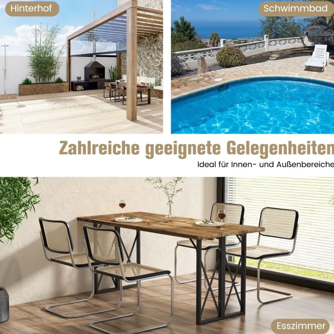 Rechteckiger Terrassentisch Robuster Esstisch aus Akazienholz 170 x 77,5 x 75 cm Braun