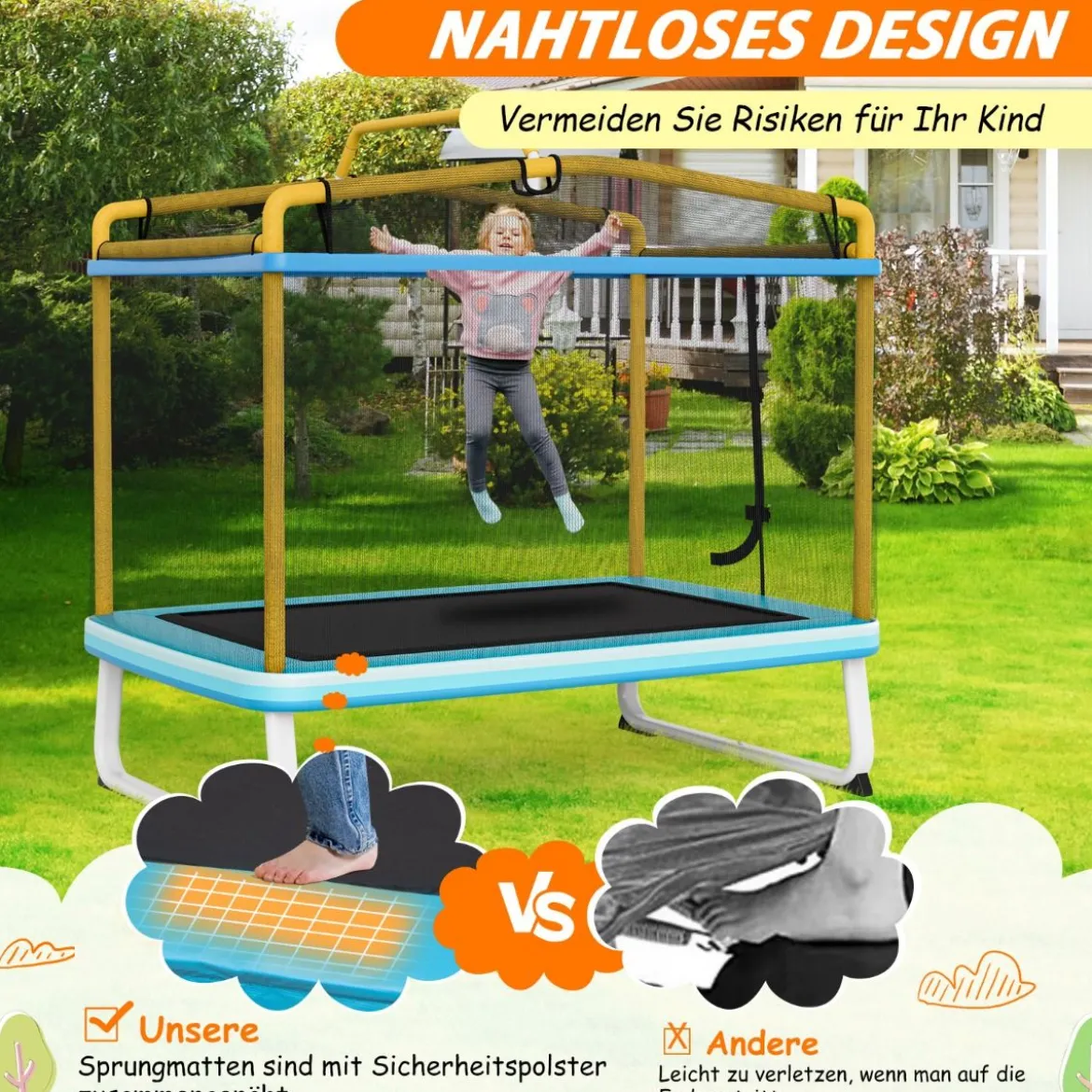 Rechteckiges 3-in-1-Trampolin für Kinder Großes Freizeittrampolin mit Netz 190 x 124 cm