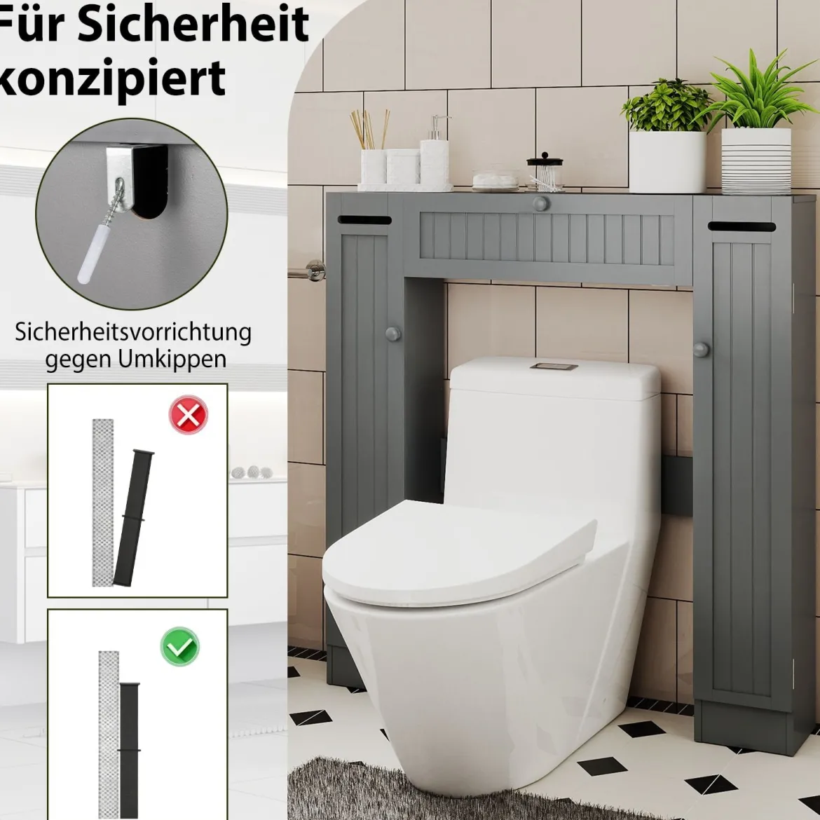 Regal über der Toilette freistehender Badezimmerschrank mit verstellbaren Regalen Toilettenpapierhalter Grau