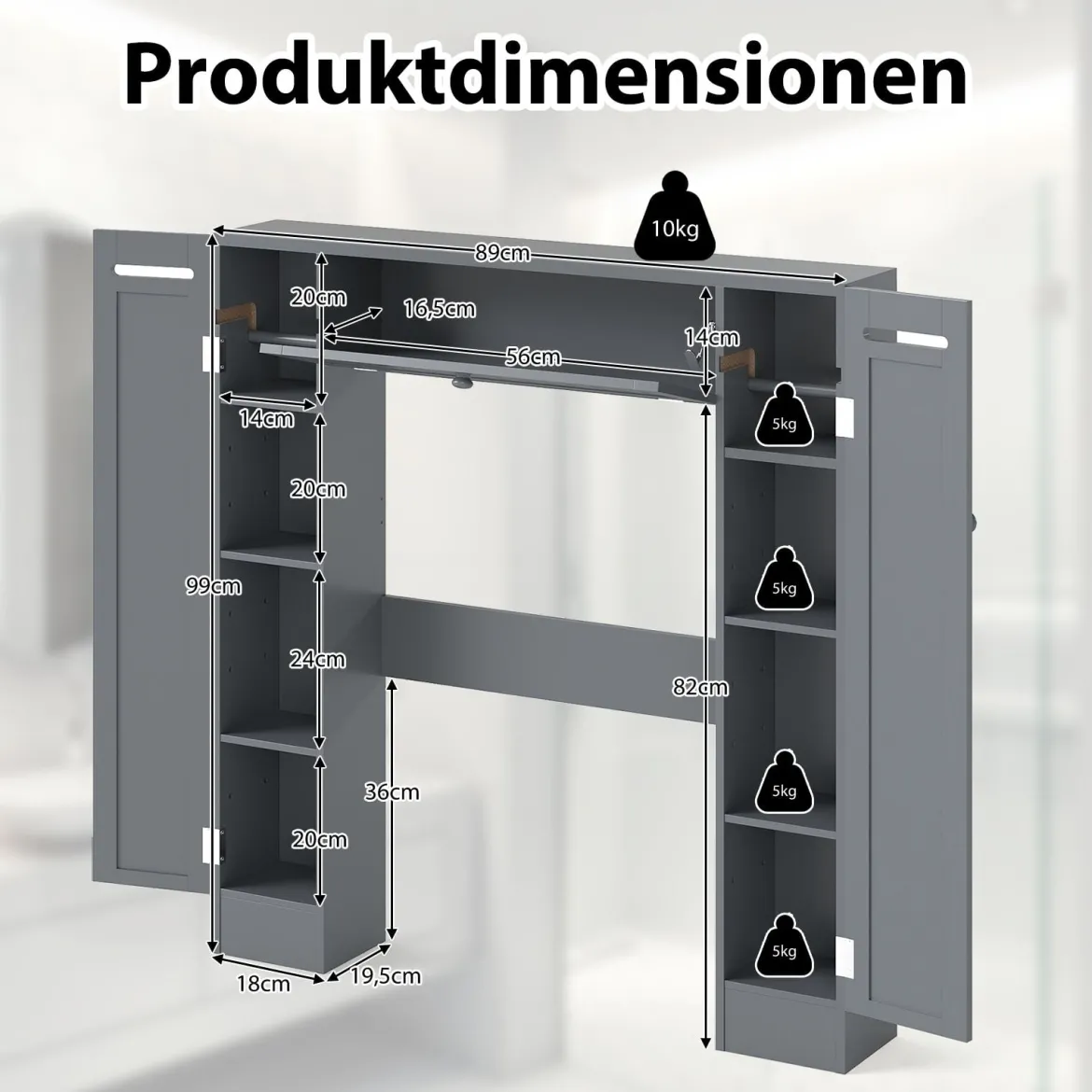 Regal über der Toilette freistehender Badezimmerschrank mit verstellbaren Regalen Toilettenpapierhalter Grau