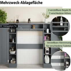 Regal über der Toilette freistehender Badezimmerschrank mit verstellbaren Regalen Toilettenpapierhalter Grau