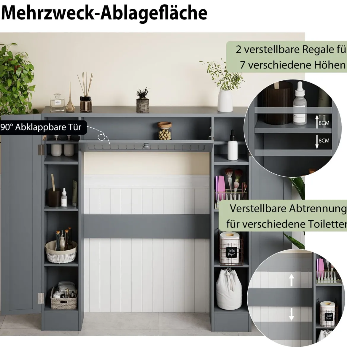 Regal über der Toilette freistehender Badezimmerschrank mit verstellbaren Regalen Toilettenpapierhalter Grau