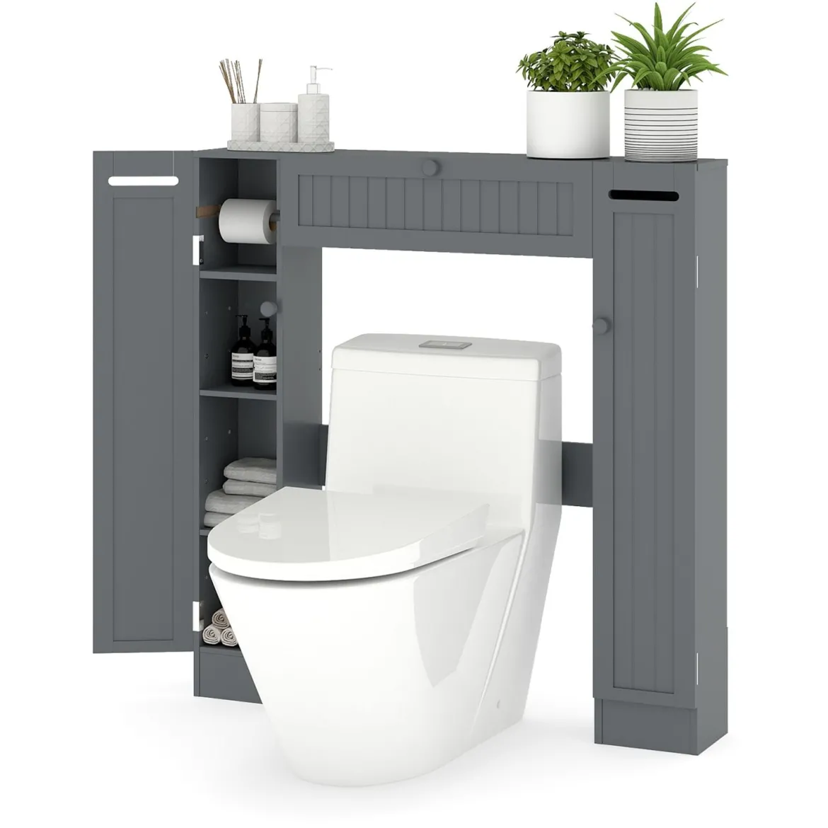 Regal über der Toilette freistehender Badezimmerschrank mit verstellbaren Regalen Toilettenpapierhalter Grau