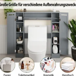 Regal über der Toilette freistehender Badezimmerschrank mit verstellbaren Regalen Toilettenpapierhalter Grau