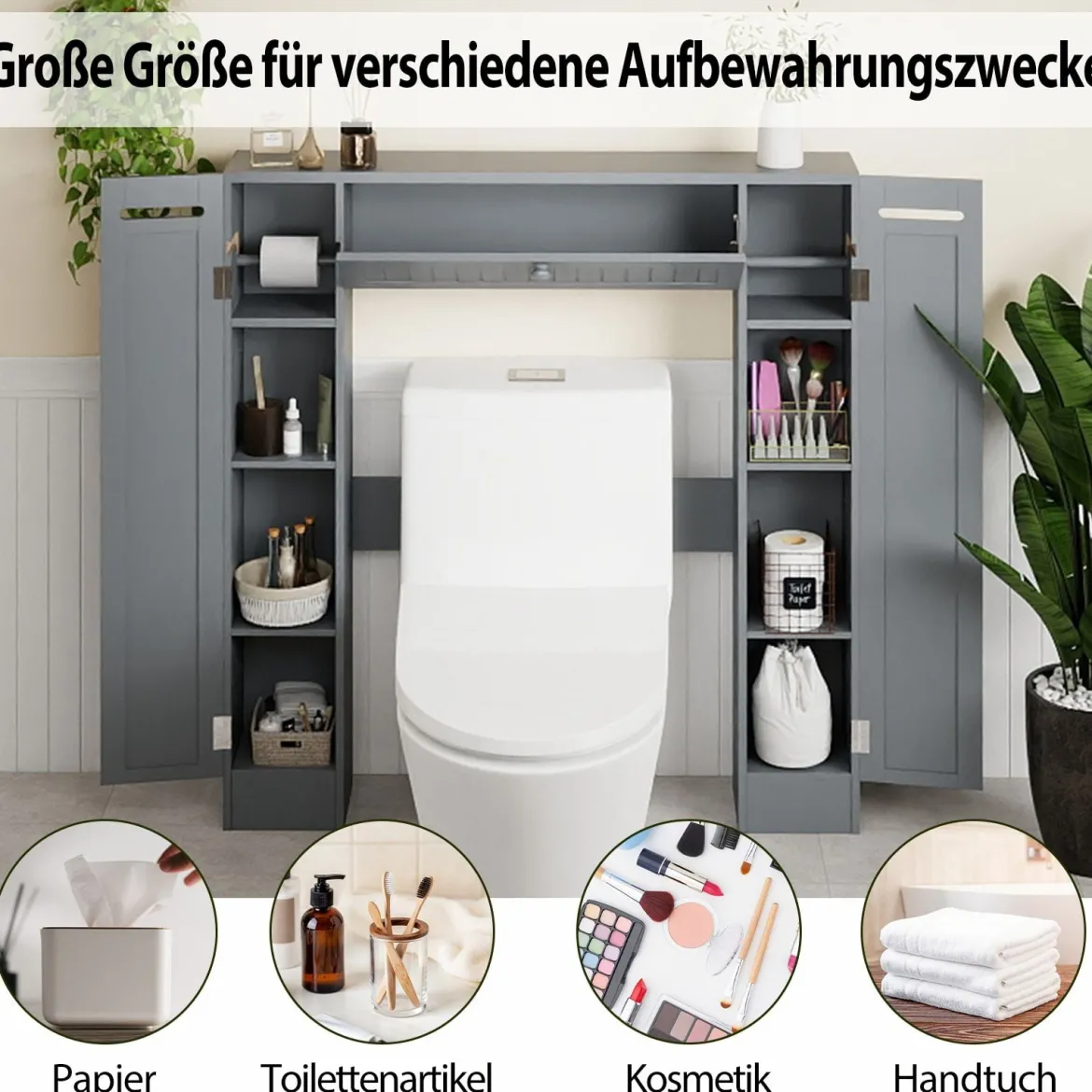 Regal über der Toilette freistehender Badezimmerschrank mit verstellbaren Regalen Toilettenpapierhalter Grau
