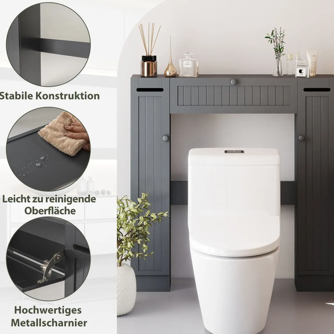 Regal über der Toilette freistehender Badezimmerschrank mit verstellbaren Regalen Toilettenpapierhalter Grau