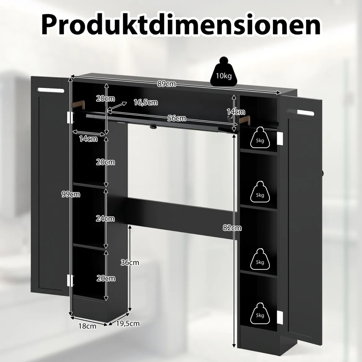 Regal über der Toilette freistehender Badezimmerschrank mit verstellbaren Regalen Toilettenpapierhalter Schwarz