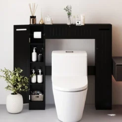 Regal über der Toilette freistehender Badezimmerschrank mit verstellbaren Regalen Toilettenpapierhalter Schwarz