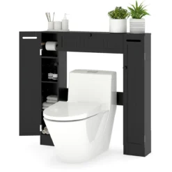 Regal über der Toilette freistehender Badezimmerschrank mit verstellbaren Regalen Toilettenpapierhalter Schwarz