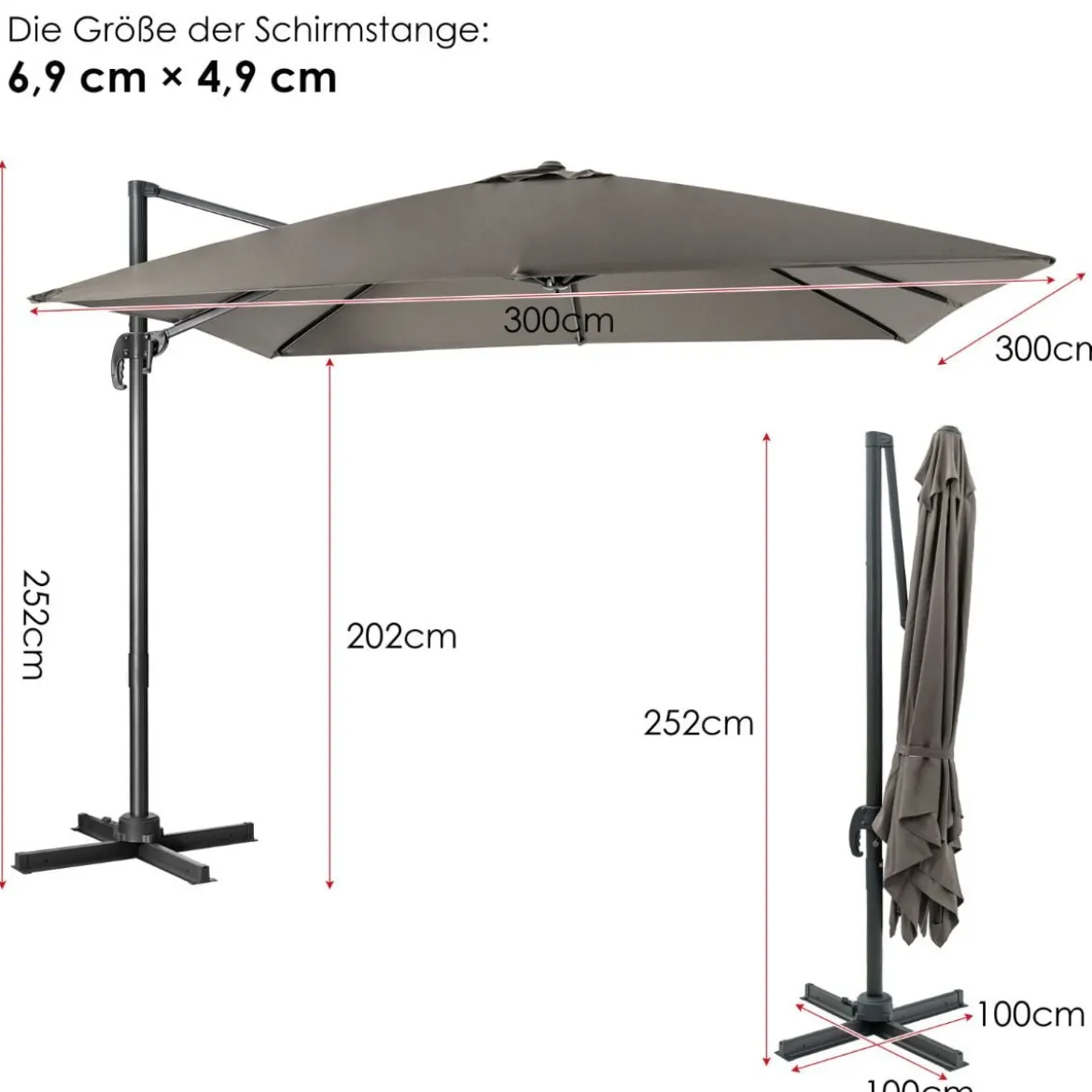 Regenschirm mit 3 Neigungseinstellungen Sonnenschirm Ampelschirm 300 x 300 x 273 cm