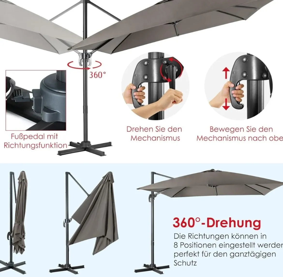 Regenschirm mit 3 Neigungseinstellungen Sonnenschirm Ampelschirm 300 x 300 x 273 cm