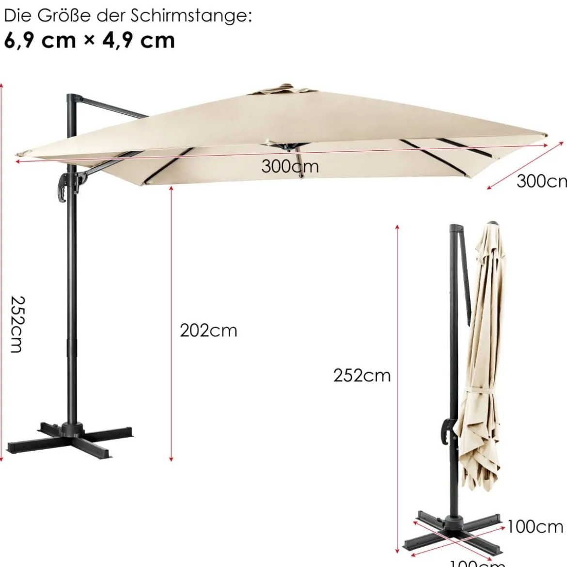 Regenschirm mit 3 Neigungseinstellungen Sonnenschirm Ampelschirm 300 x 300 x 273 cm