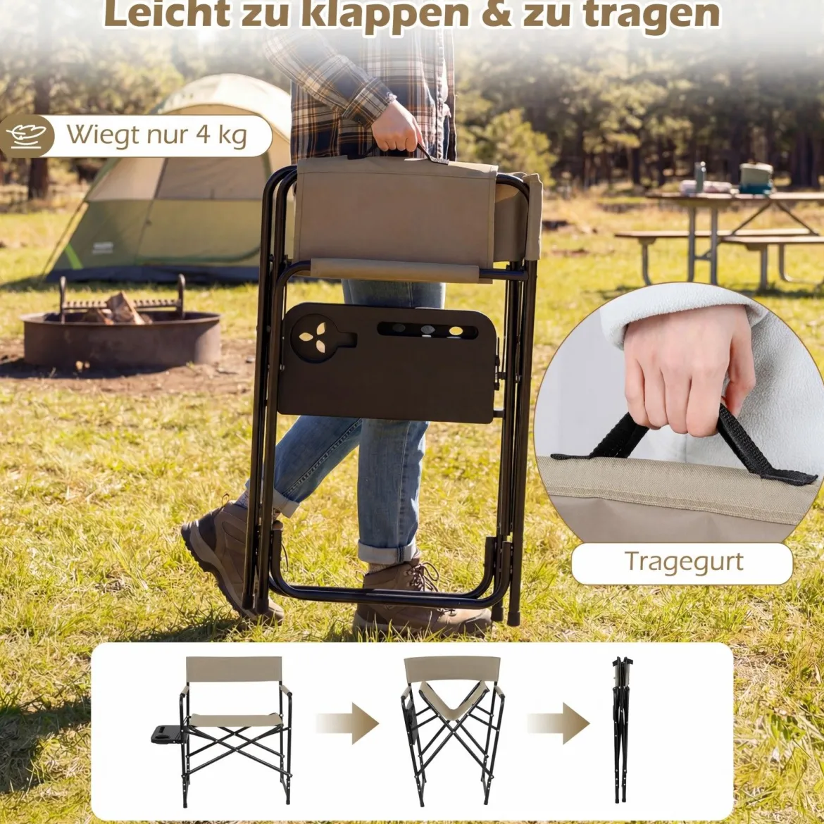 Regiestuhl Klappbar bis 150kg Campingstuhl mit Seitentisch Getränkehalter & Schliz Braun