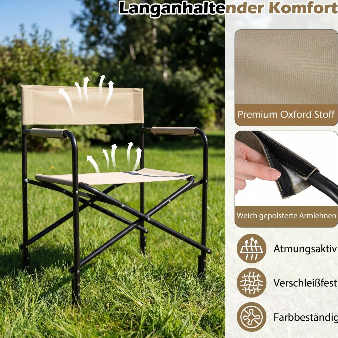Regiestuhl Klappbar bis 150kg Campingstuhl mit Seitentisch Getränkehalter & Schliz Braun