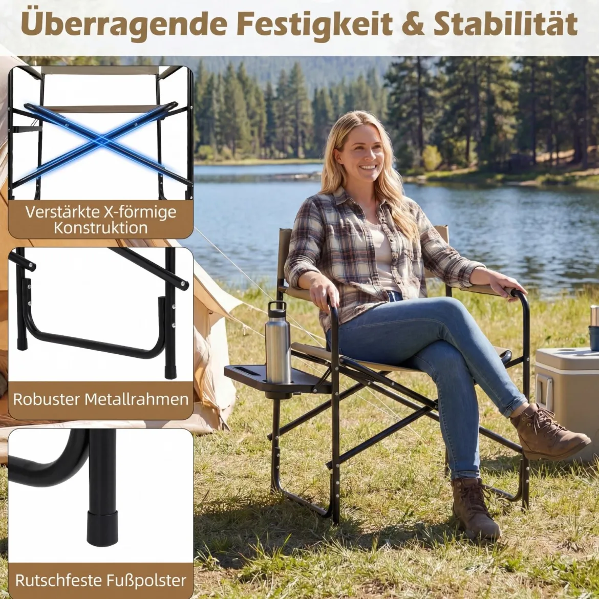 Regiestuhl Klappbar bis 150kg Campingstuhl mit Seitentisch Getränkehalter & Schliz Braun