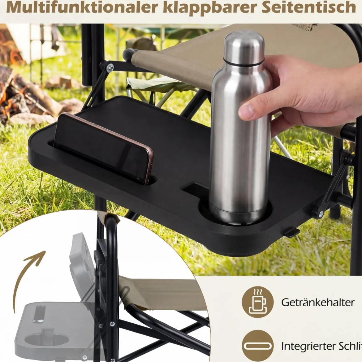 Regiestuhl Klappbar bis 150kg Campingstuhl mit Seitentisch Getränkehalter & Schliz Braun