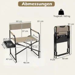 Regiestuhl Klappbar bis 150kg Campingstuhl mit Seitentisch Getränkehalter & Schliz Braun