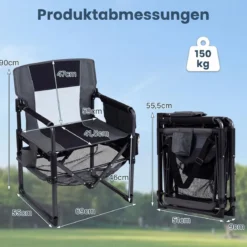 Regiestuhl Klappbar Campingstuhl mit Mesh-Ablage Getränkehalter & Flaschenöffner bis 150 kg Belastbar Schwarz